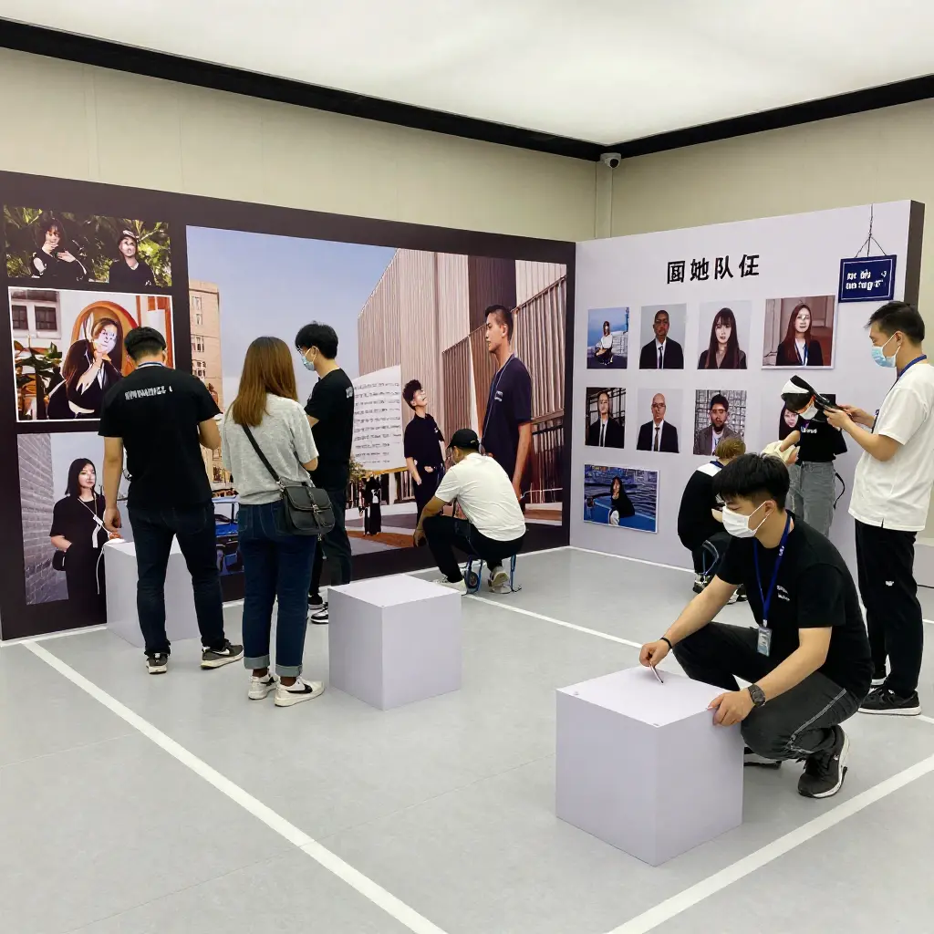 Professional team setting up photo zone decorations